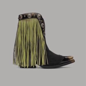 Mezcalero Black Ankle Boots with Lime Fringe